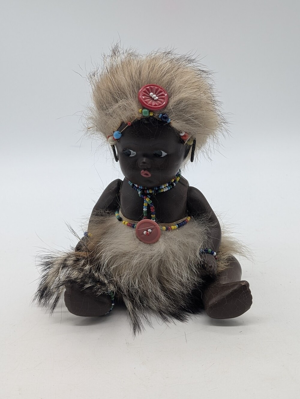 Vintage Mid-Century African Tribal Tourist Doll - Real Fur & Seed Beads - 6.5"
